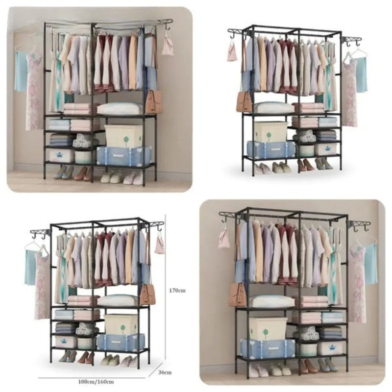 Modern Clothing Rack with Shelves & Hooks