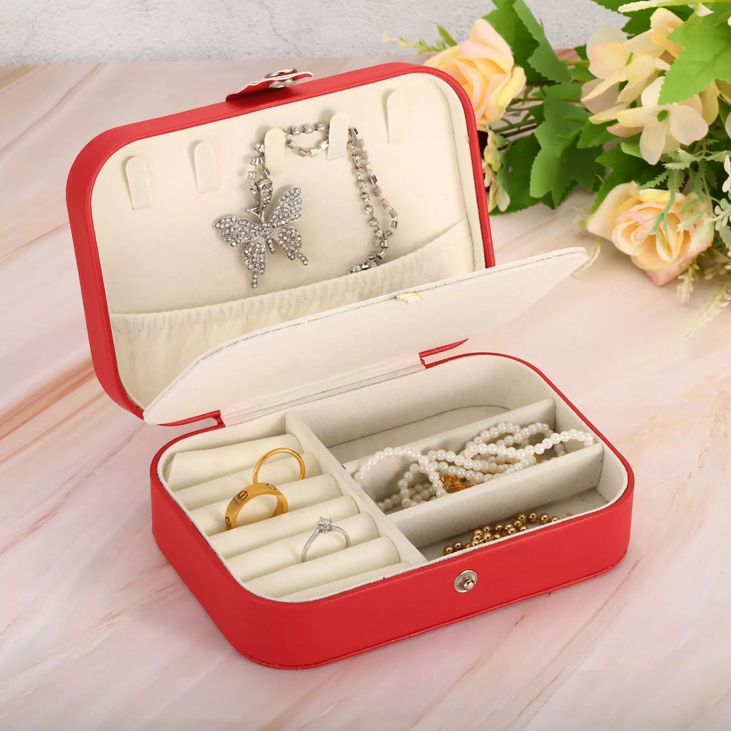 Portable Leather Travel Jewelry Organizer Case for Earrings, Necklaces & Rings