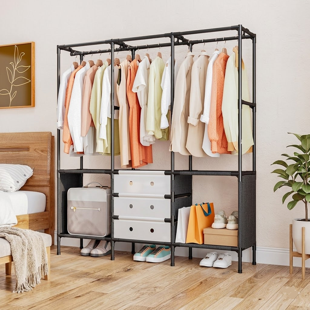 3-Tier Clothes Rack with Storage Shelves & Hanging Rails