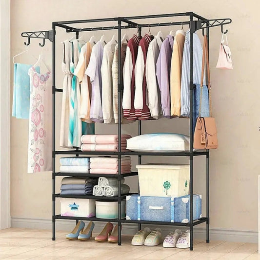 Modern Clothing Rack with Shelves & Hooks