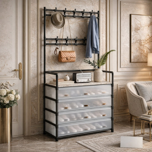 Dustproof Entryway Shoe Organizer with Coat Rack & Hooks