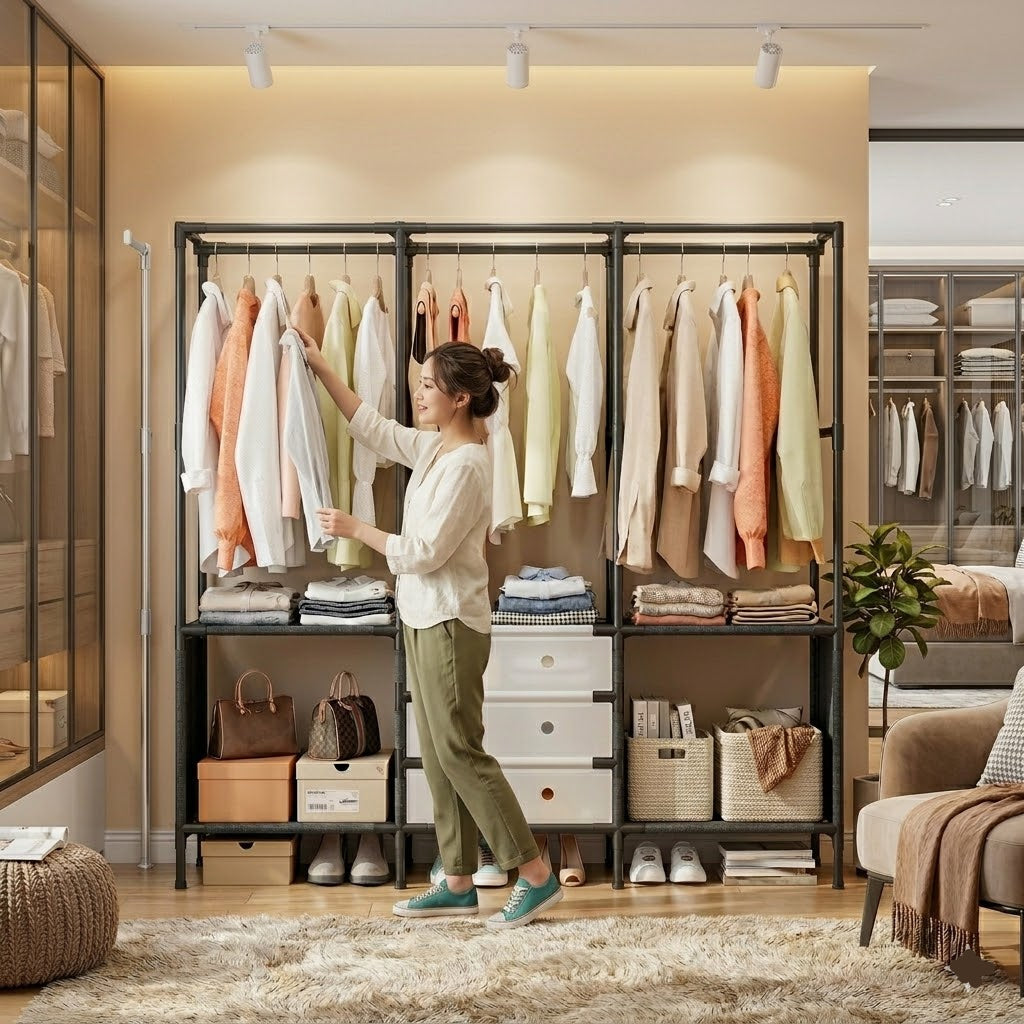3-Tier Clothes Rack with Storage Shelves & Hanging Rails