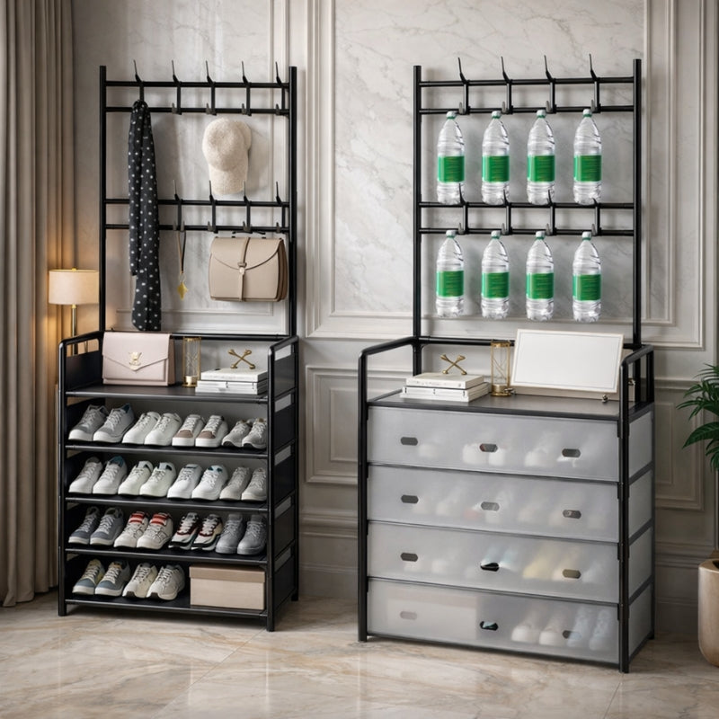 Dustproof Entryway Shoe Organizer with Coat Rack & Hooks