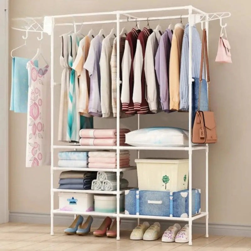 Modern Clothing Rack with Shelves & Hooks
