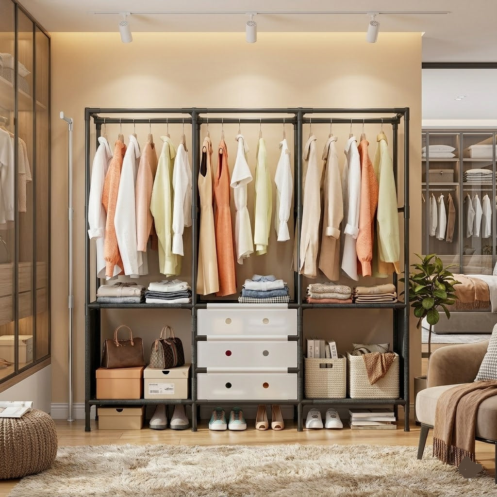 3-Tier Clothes Rack with Storage Shelves & Hanging Rails