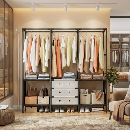 3-Tier Clothes Rack with Storage Shelves & Hanging Rails