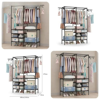 Modern Clothing Rack with Shelves & Hooks