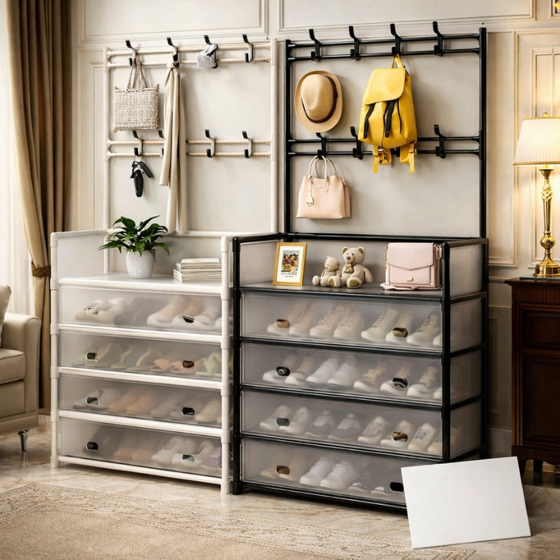 Dustproof Entryway Shoe Organizer with Coat Rack & Hooks