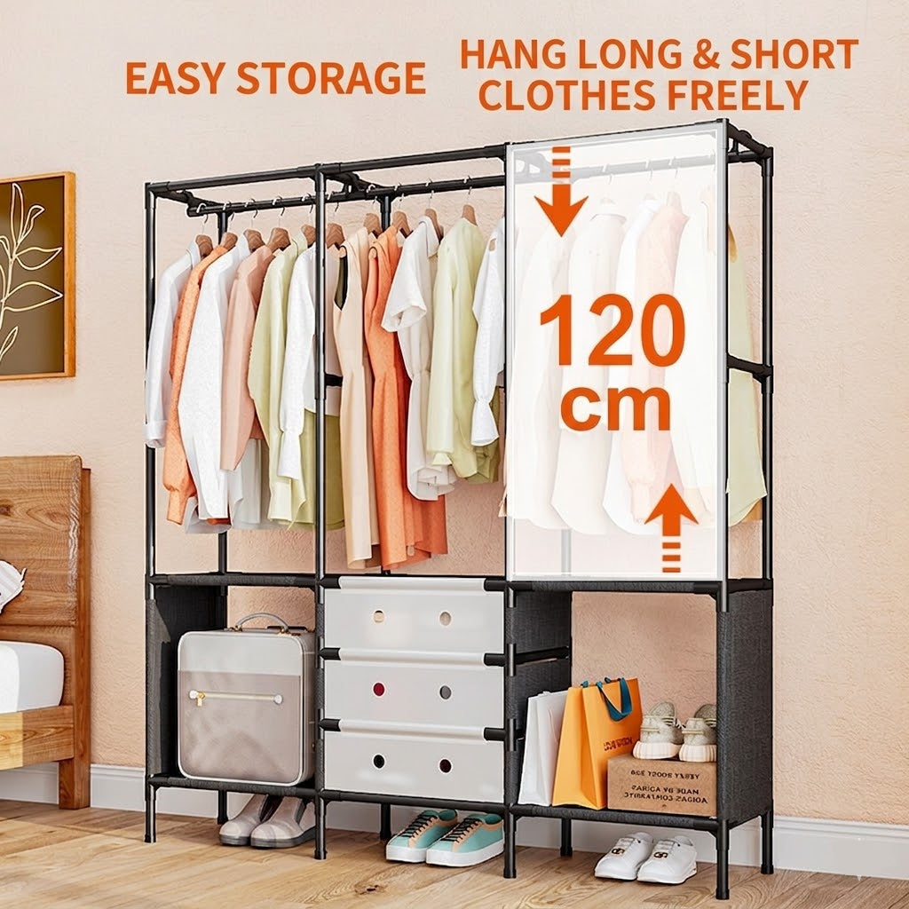 3-Tier Clothes Rack with Storage Shelves & Hanging Rails