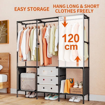 3-Tier Clothes Rack with Storage Shelves & Hanging Rails