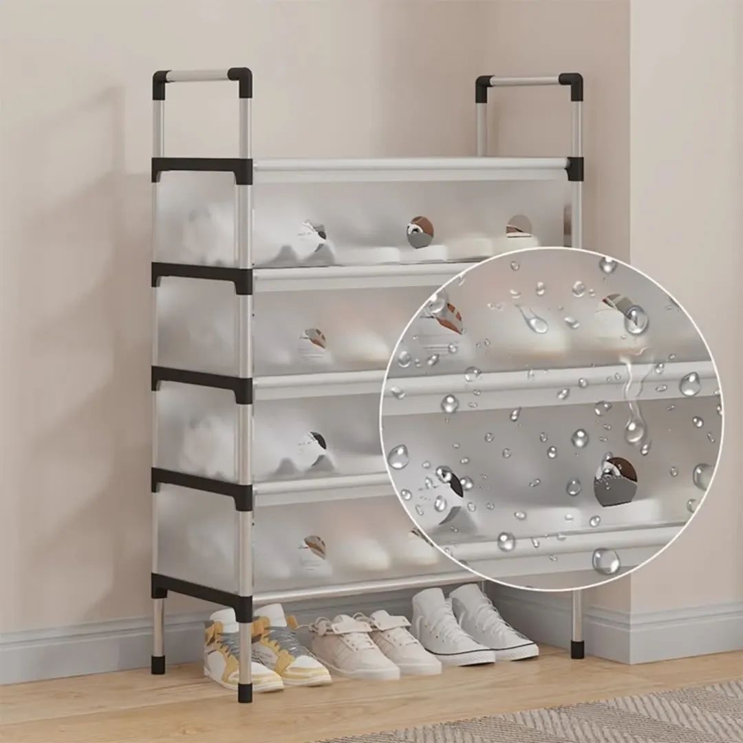 Multi-tier shoe rack with shoes on a wooden floor against a beige wall.
