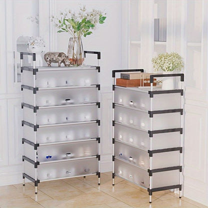Two white shelving units with black shelves in a room with light-colored walls and floor.